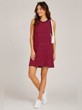 Tommy Hilfiger Red & Navy Striped Sleeveless Ribbed Knit Dress XL Casual Shift